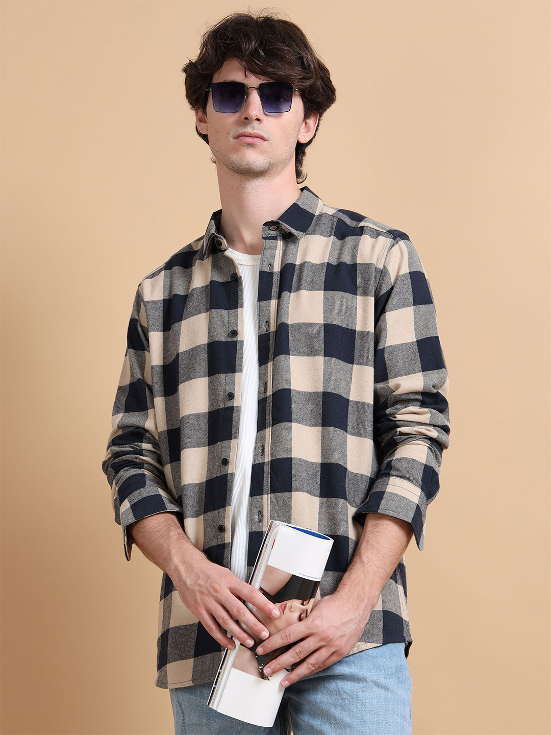 StitchX Men's Ivory Navy Slim Fit Brushed Cotton Buffalo Checkered Shirt