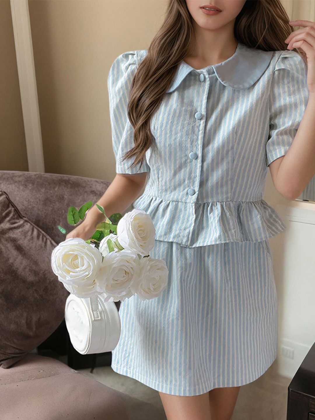 JC Mode Striped Peter Pan Collar Top With Skirt