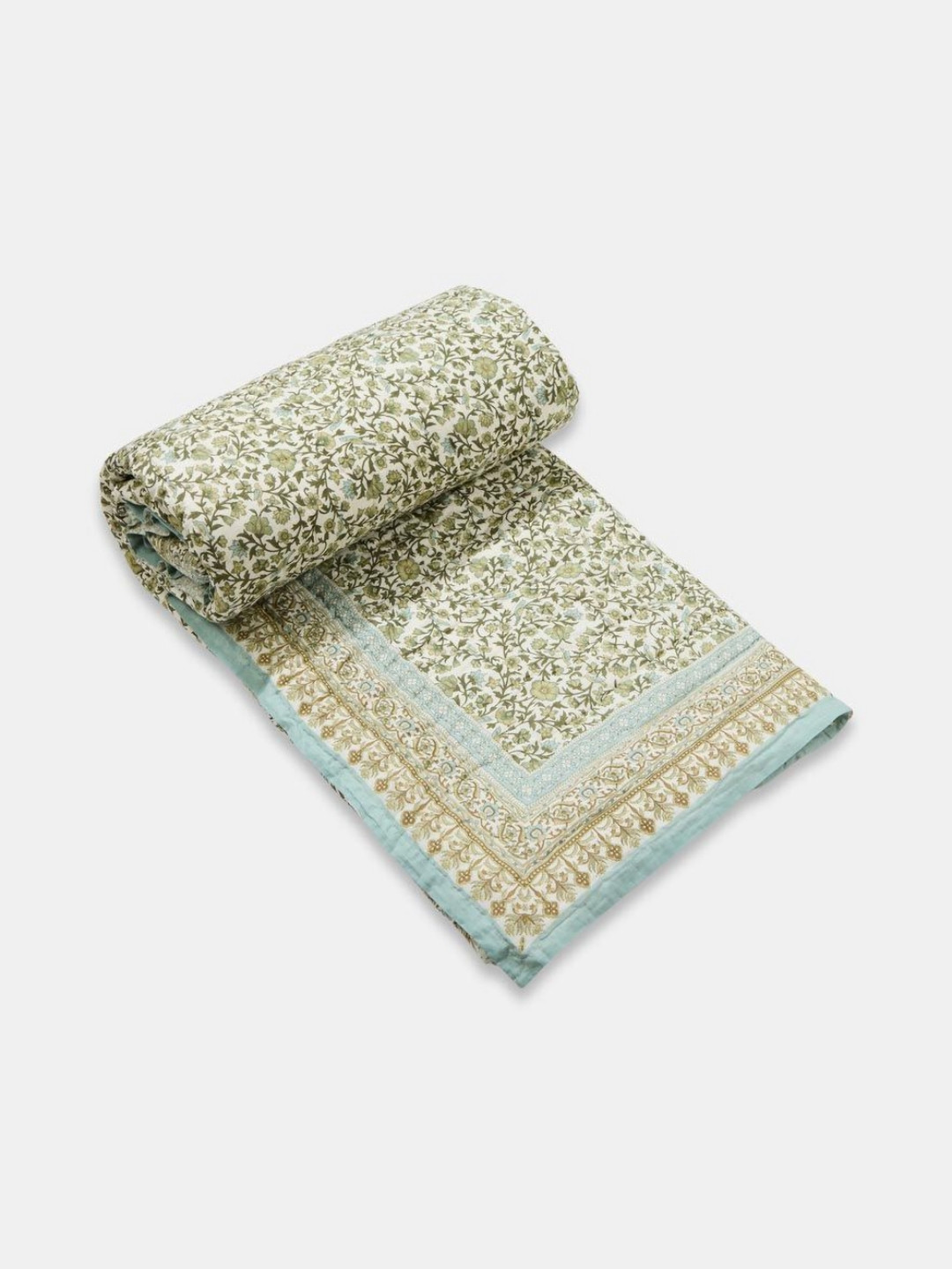 Fabindia Green And Cream Floral Printed AC Room 350 GSM Cotton Double Bed Quilt