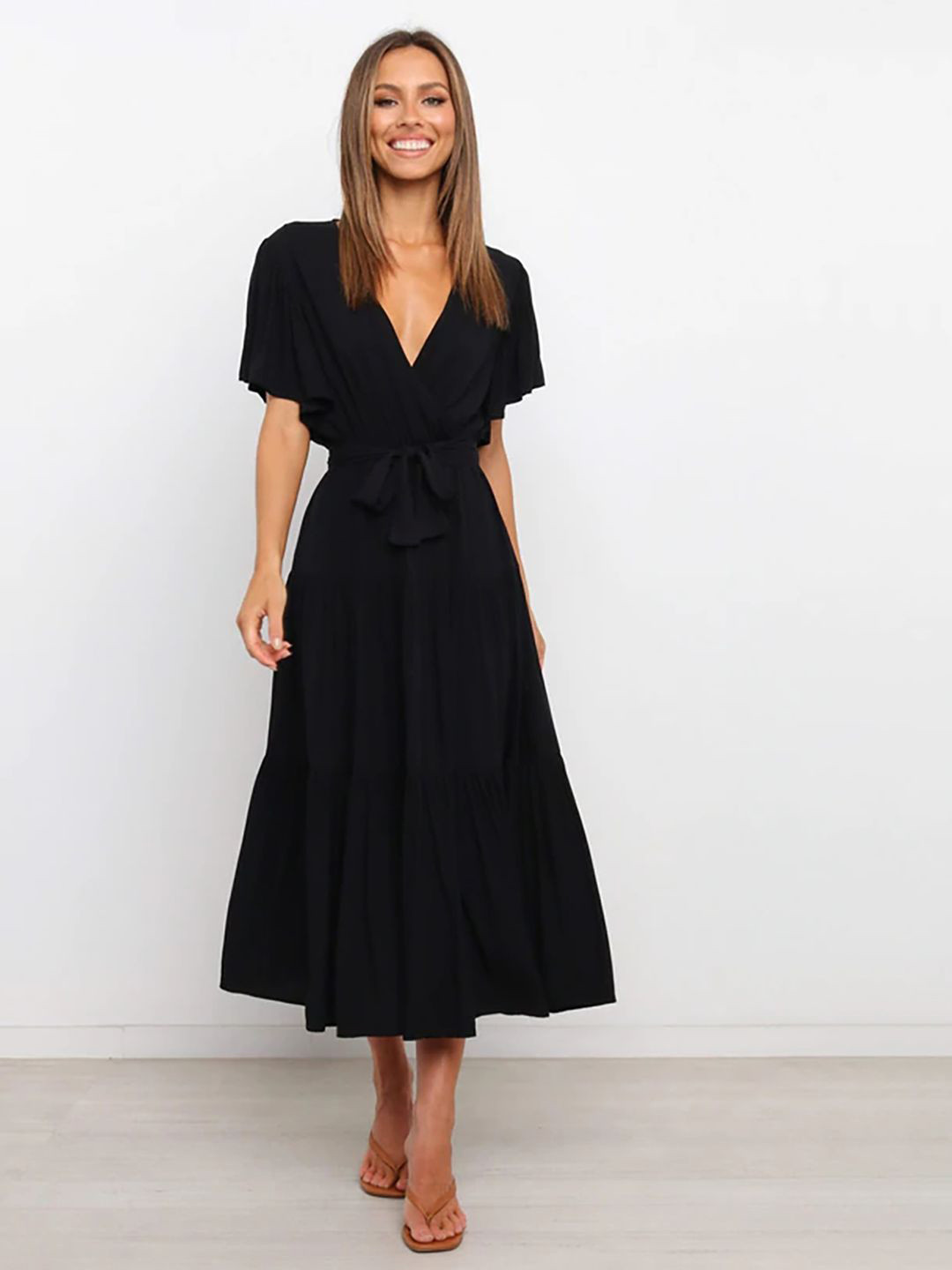 JC Mode Women Tie-Ups Detail Tiered Wrap Midi Dress