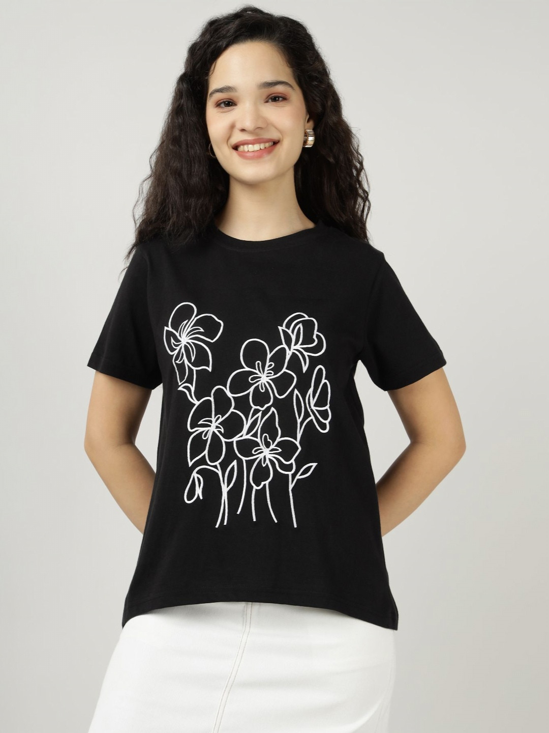 Sands of India ikigai Floral Printed Round Neck Cotton Oversized T-shirt