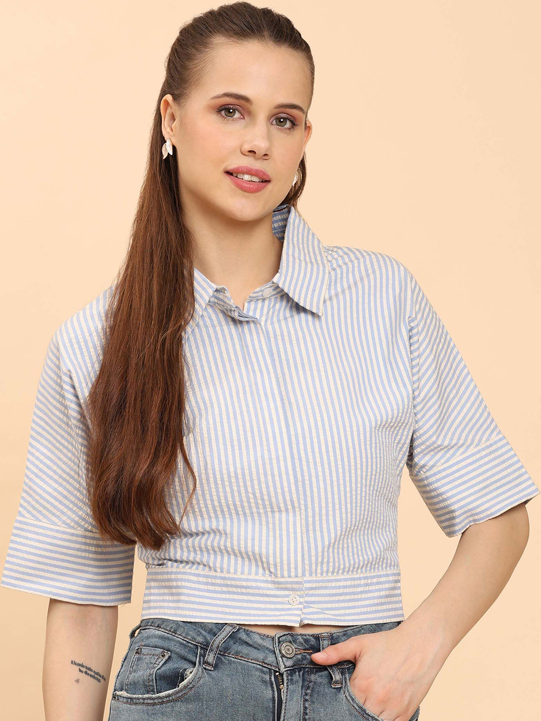 Aanandini Relaxed Striped Spread Collar Cotton Cropped Casual Shirt