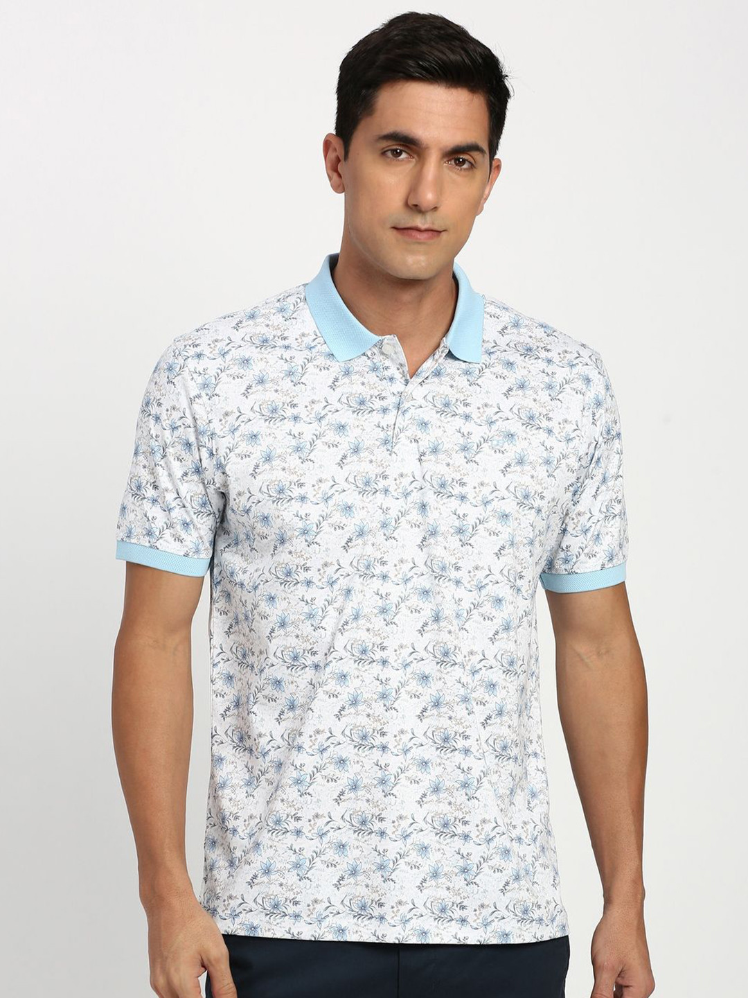 Peter England Elite Floral Printed Polo Collar Pure Cotton T-shirt