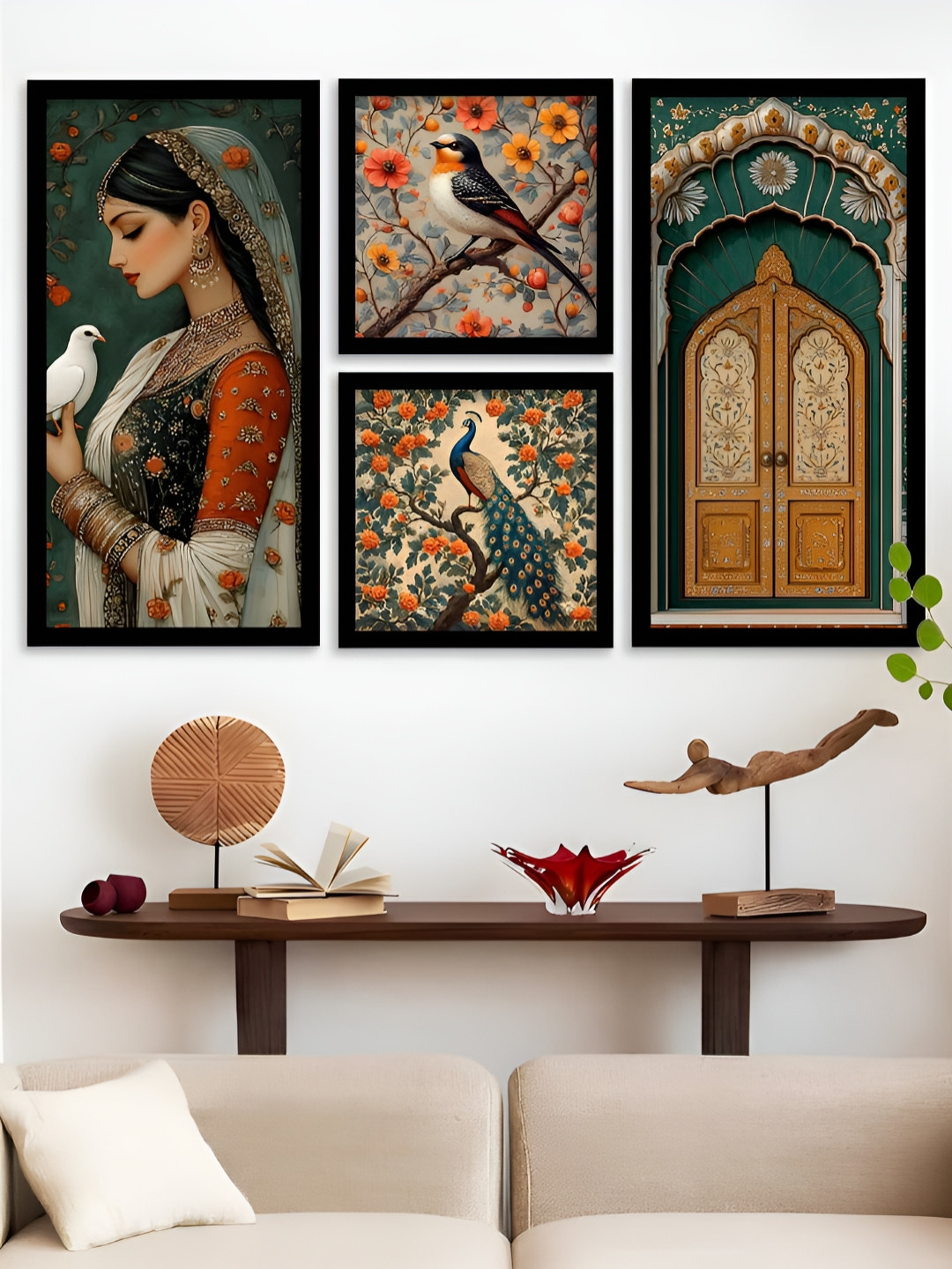 Kotart Black & Orange 4 Pieces Abstract Printed Traditional Wooden Portrait Wall Arts