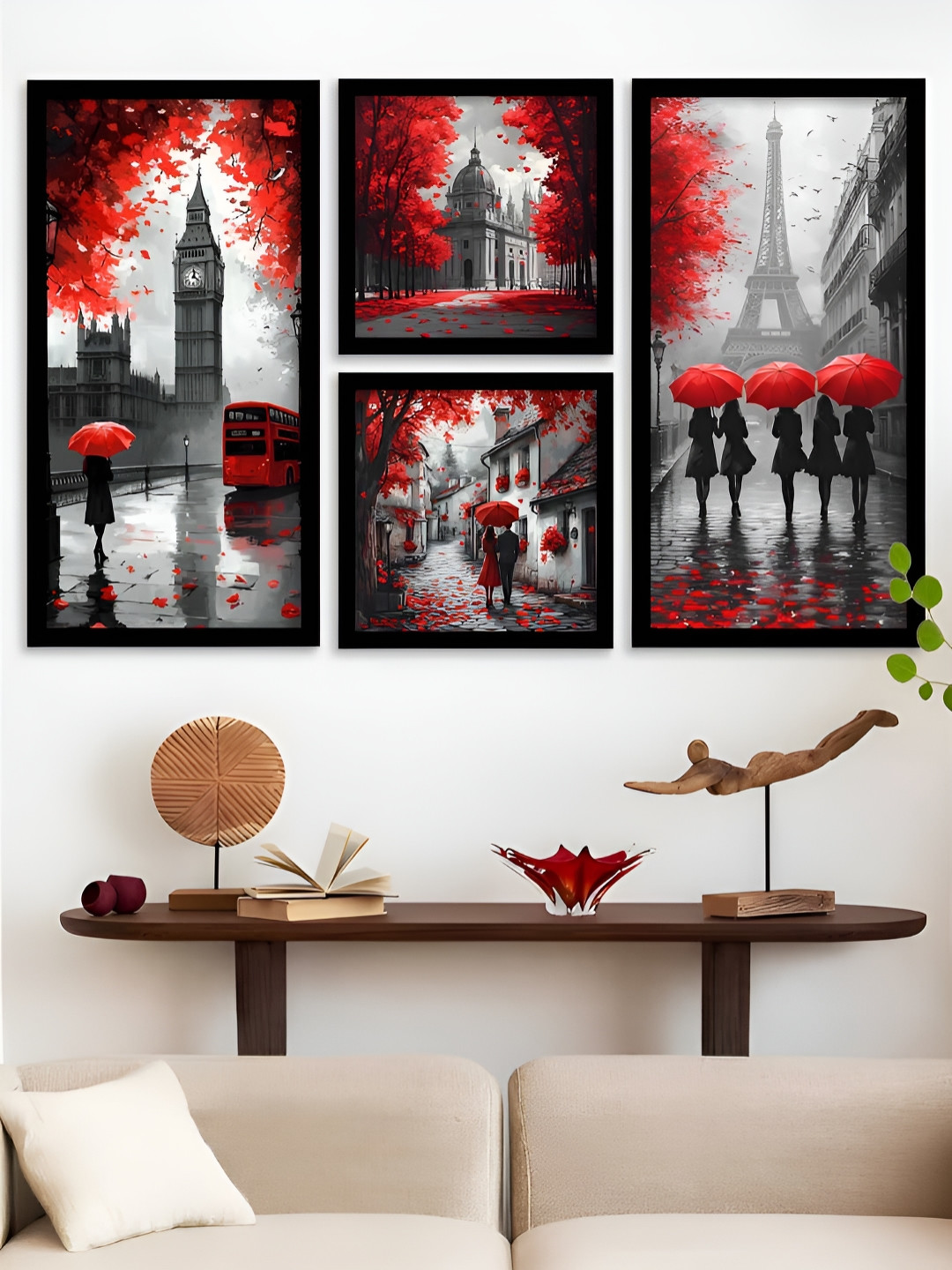 Kotart Black & Off White 4 Pieces Wooden Floral and Botanical Wall Arts