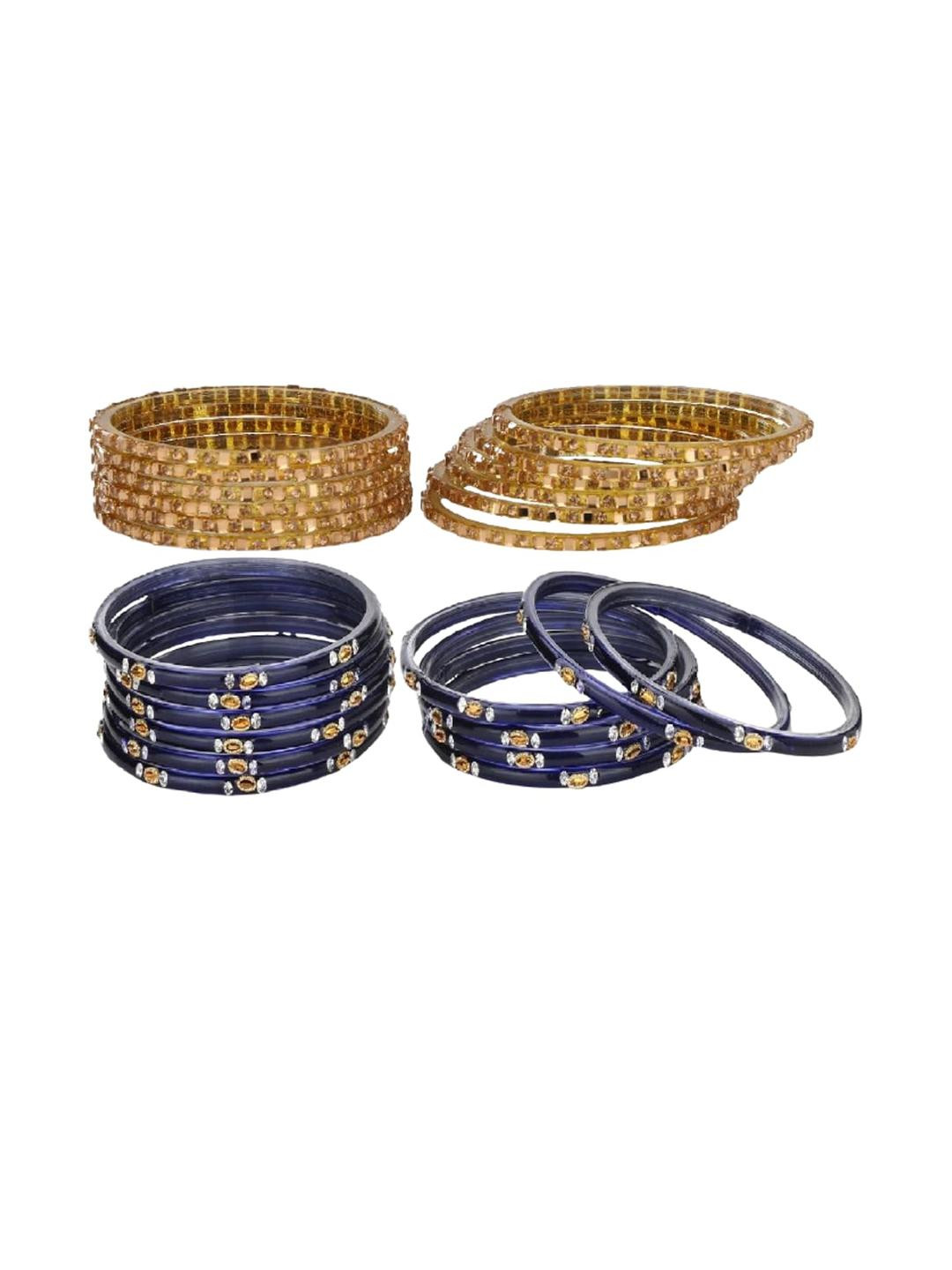1ST TIME Gold And Blue Traditional Glass Bangles Set