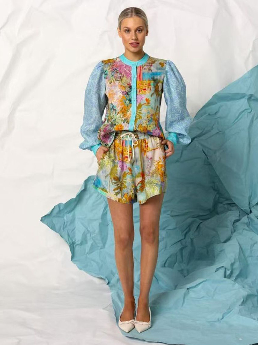 JC Mode Floral Printed Band Collar Shirt With Shorts