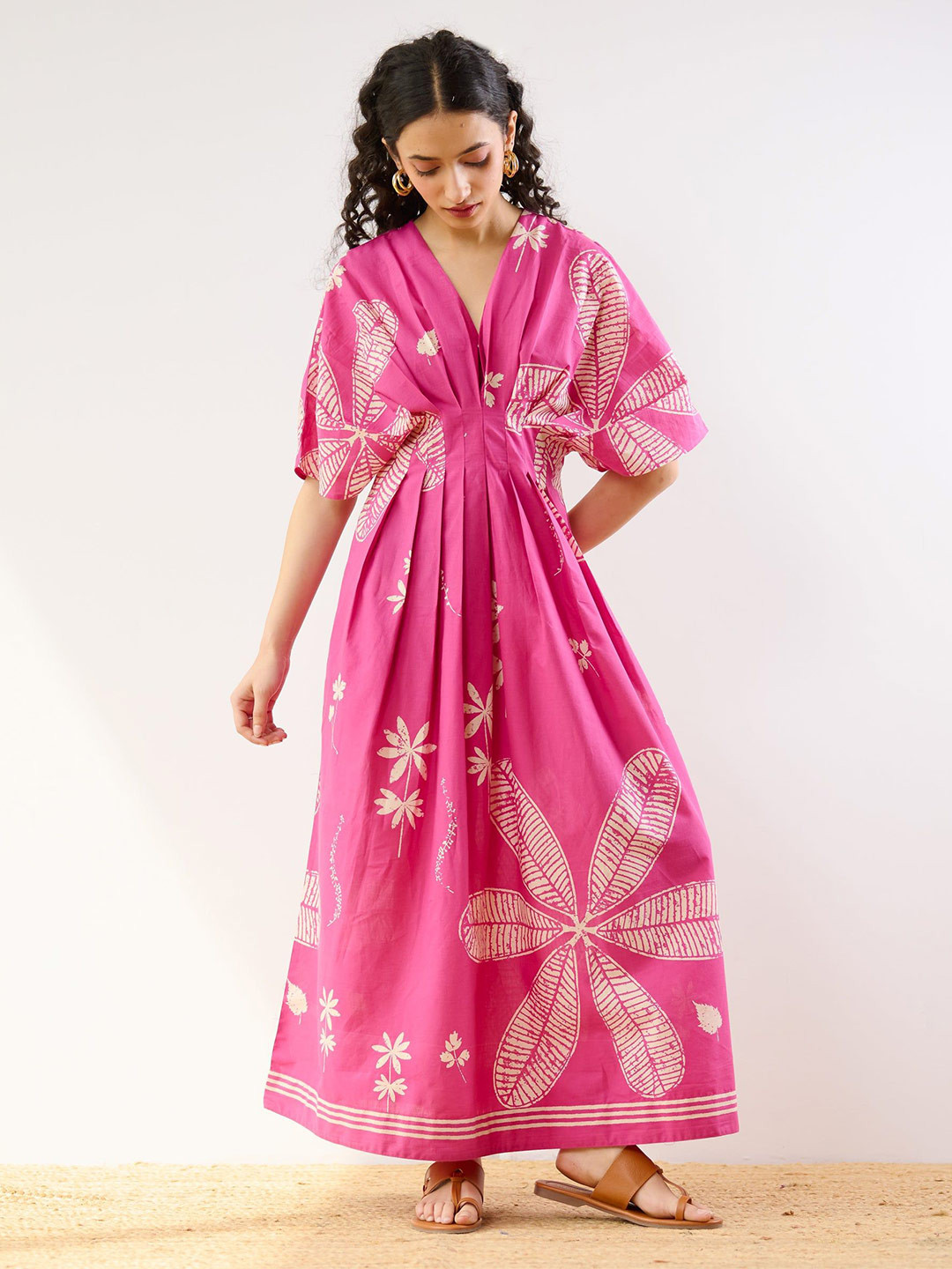 Rustorange Periwinkle Printed Cotton Pleated Maxi Dress