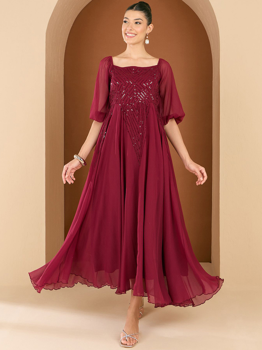 Antheaa Embellished Chiffon Maxi Party Dress