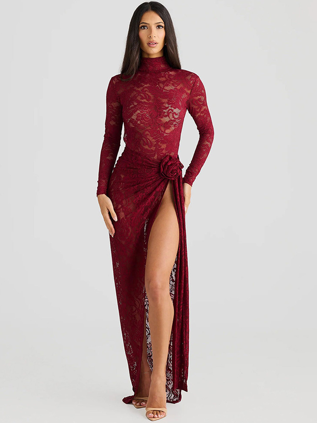 LULU & SKY Burgundy Lace High Neck Bodysuit with Slit Skirt