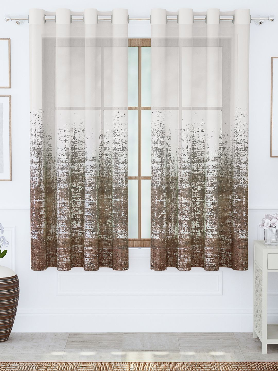 Story@home Aurum Brown & White 2 Pieces Abstract Sheer Window Curtains