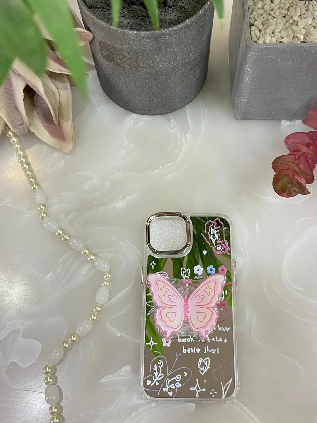 CASE CREATION Women iPhone 14 Pro Butterfly Resin Stand Bumper Case Mobile Accessories