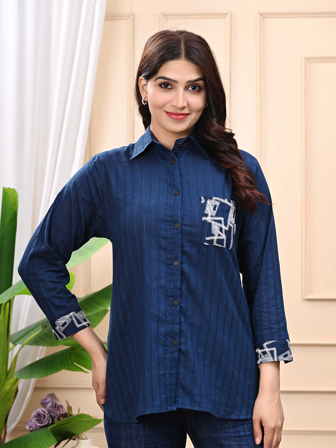 Cloth Bites Striped Embroidered Spread Collar Cotton Casual Shirt