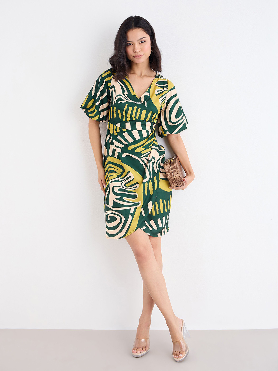 Styli Women Abstract Printed  Short Sleeve Wrap Dress