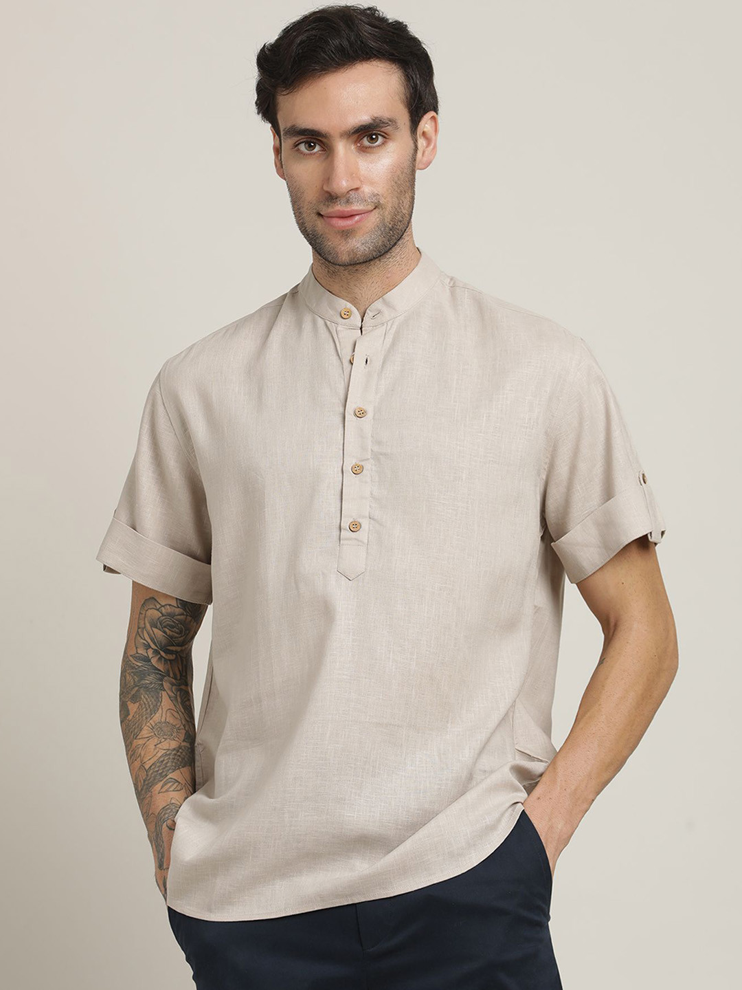 Saltpetre Mandarin Collar Roll-Up Sleeves Shirt With Chinos Trousers Co-Ords