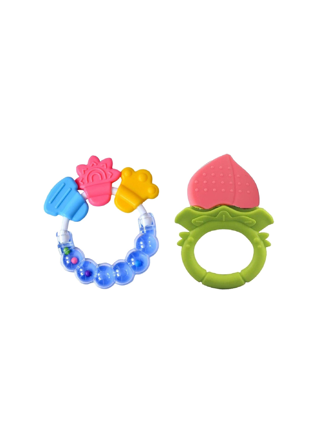 Joy Buzz Kids Set Of 2 Baby Rattle & Fruit Teether - Blue & Peach Colored