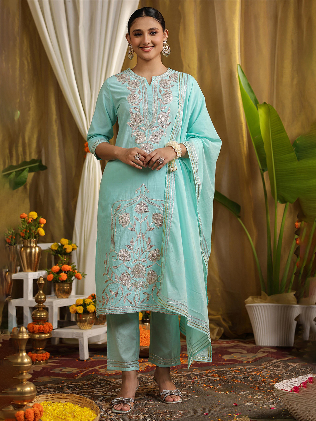SCAKHI Floral Embroidered Gotta Patti Cotton Cambric Kurta With Trousers & Dupatta