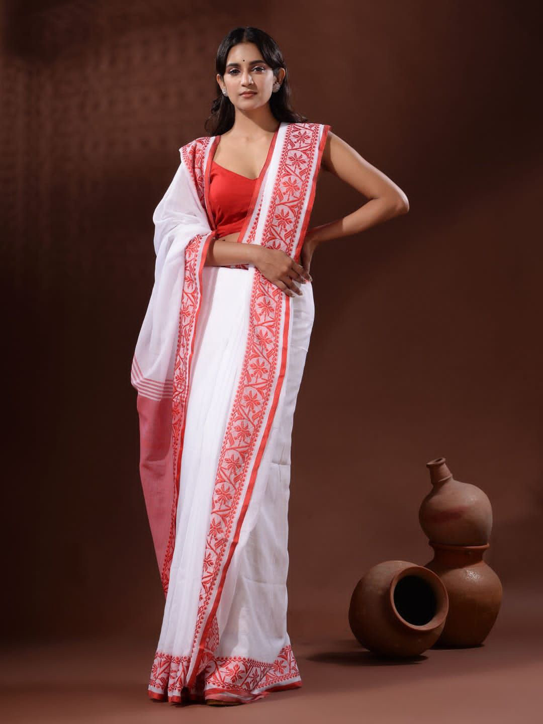 TITHI SAREES Floral Embroidered Pure Cotton Kashful Saree