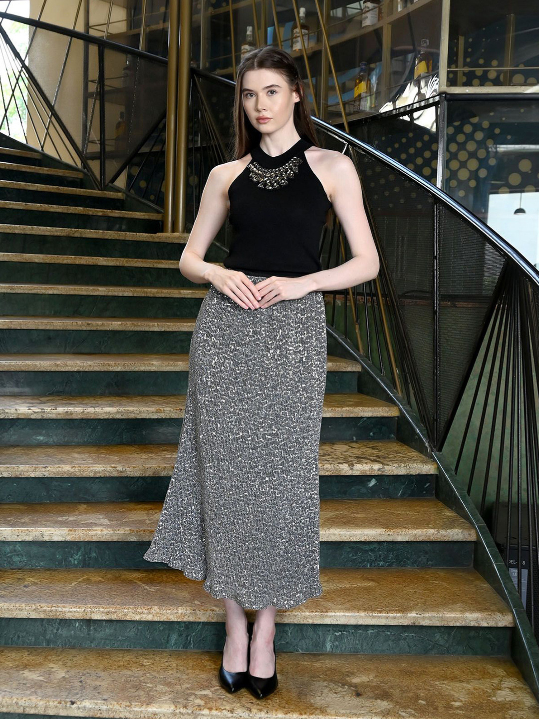 ODETTE Women Black Cotton Ribbed Top