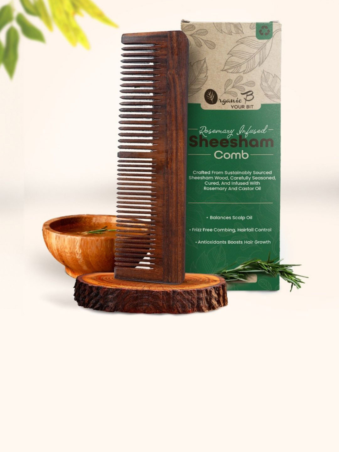 Organic B Dual Teeth Indian Rosewood Comb Infused With Rosemary - Brown