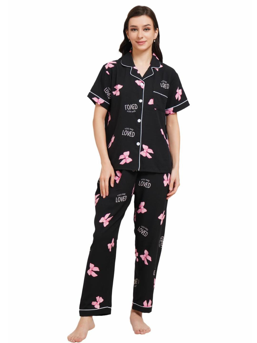 Stem Rope Typography Printed Lapel Collar Night suit