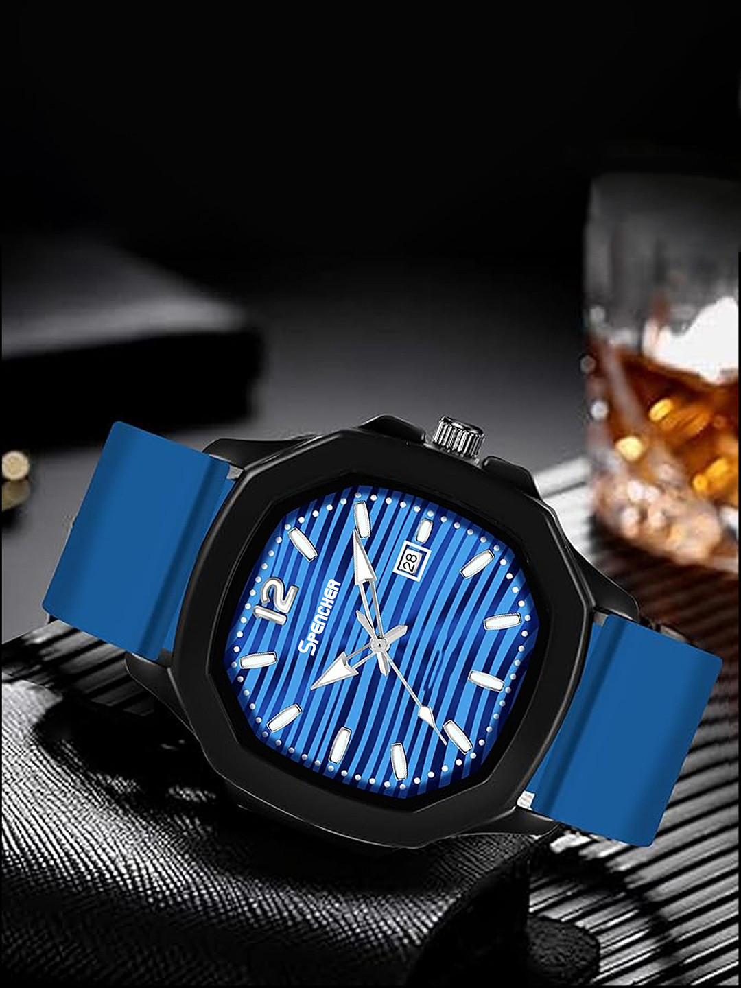 SPENCHER Men Brass Dial & Multi Function Watch SW Vintage Black Square Case Date Blue