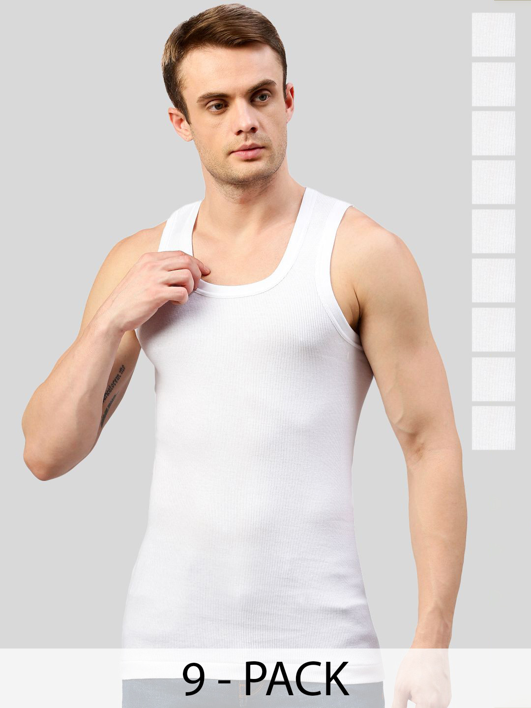 MACHO Pack Of 9 Pure Cotton Basic Vests ASI024BRN-WHT-9PC