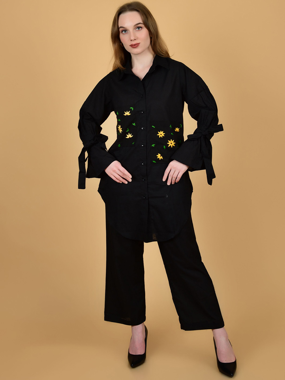COORDSHUB Embroidered Pure Cotton Shirt Collar Top With Trousers Co-Ords Set