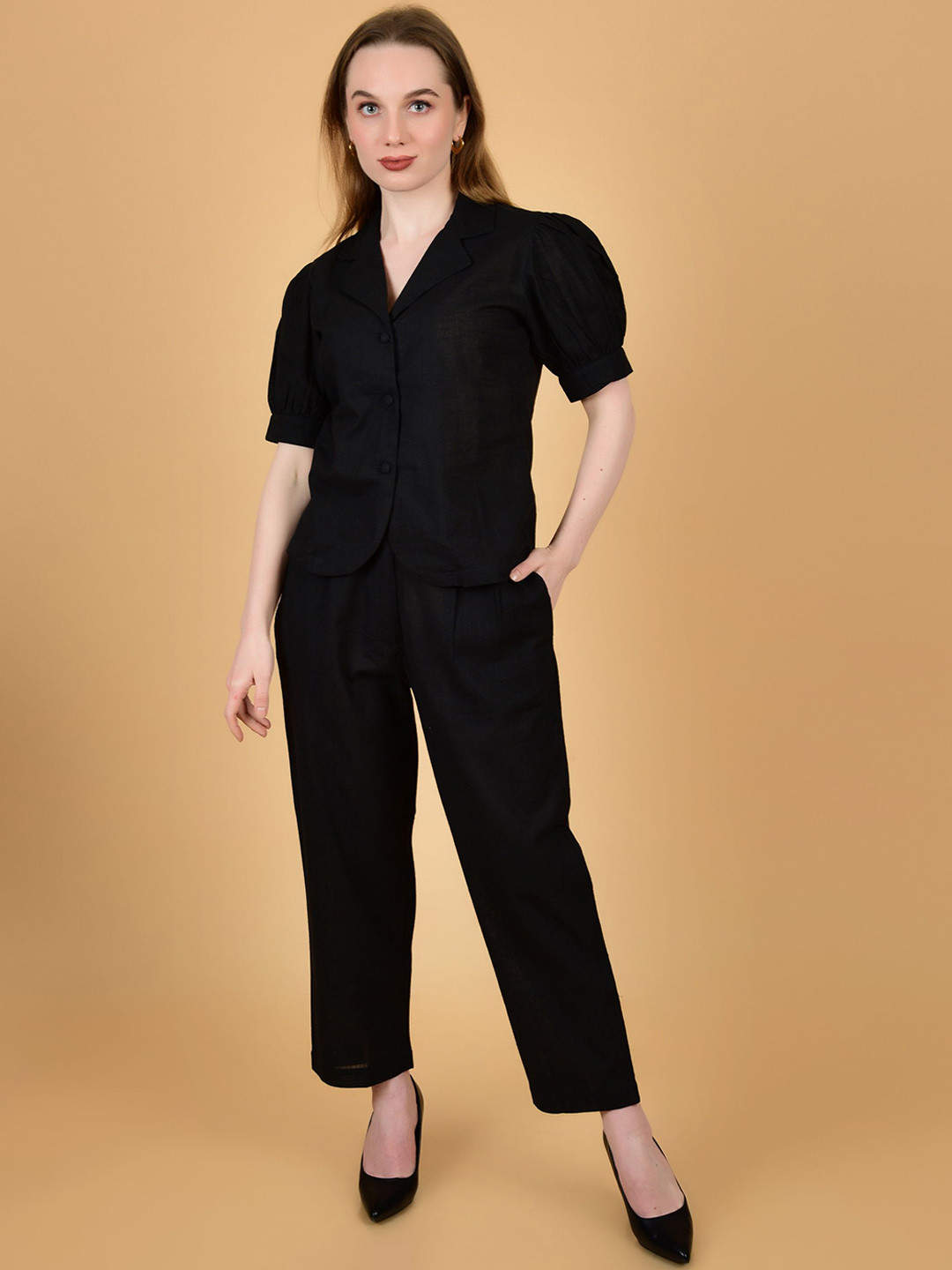 COORDSHUB Pure Cotton Notched Lapel Collar Top With Trousers Co-Ords Set