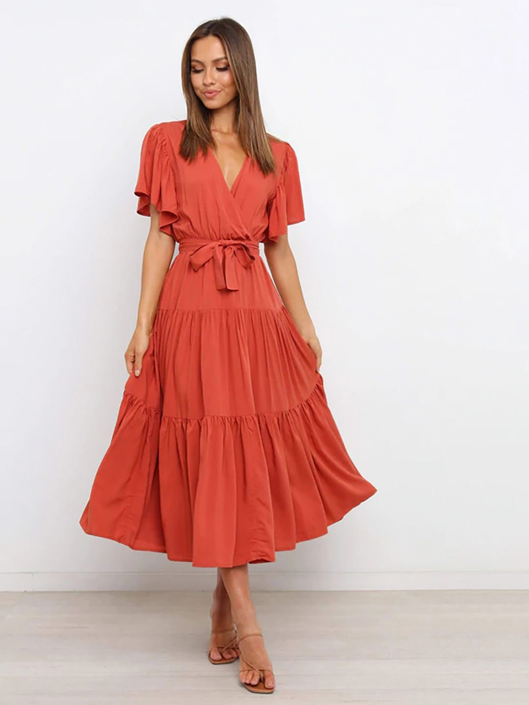 JC Mode Women Flared Sleeve Tiered Wrap Midi Dress With Belt