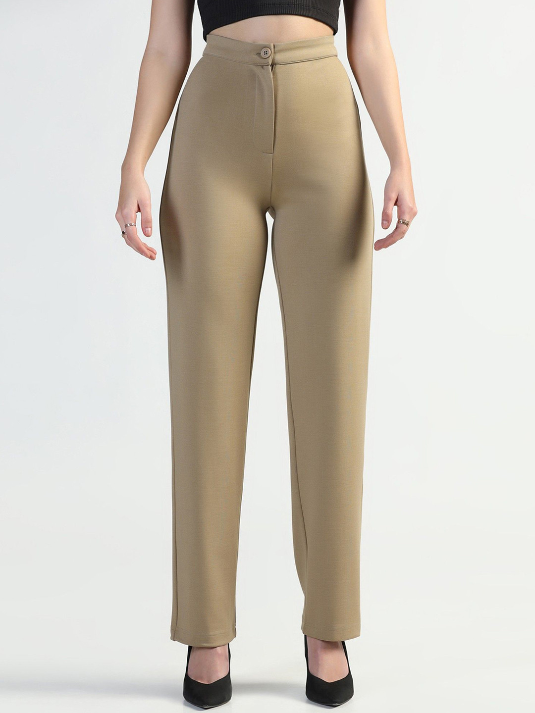 FLY STITCH Women Solid Relaxed Fit High-Rise Flat-Front Formal Trousers