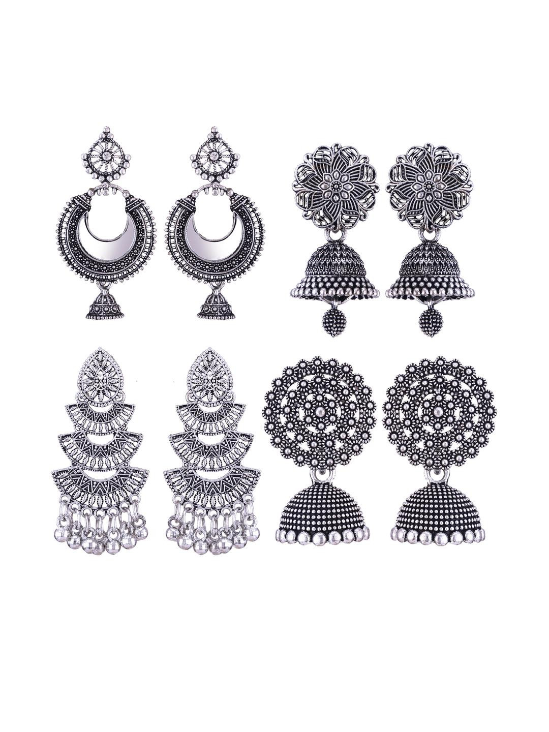 Sangria 4 Pair Peacock Shaped Silver Oxidized Chandbali Earrings