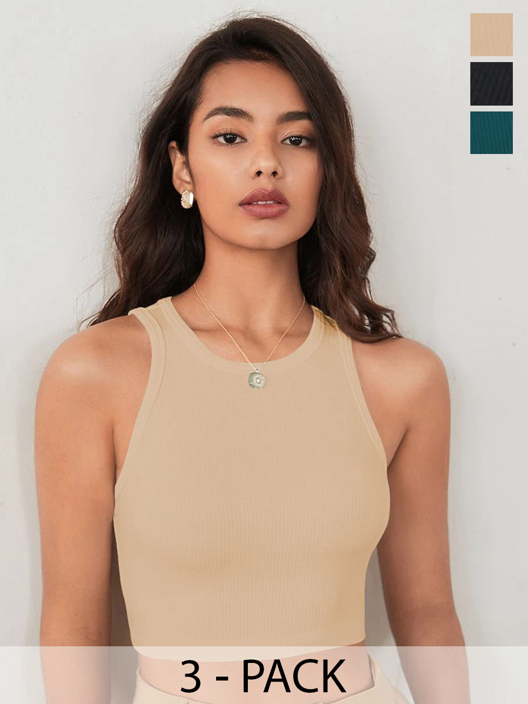 KERI PERRY Pack of 3 Solid Body Hugging Lycra Tank Crop Top