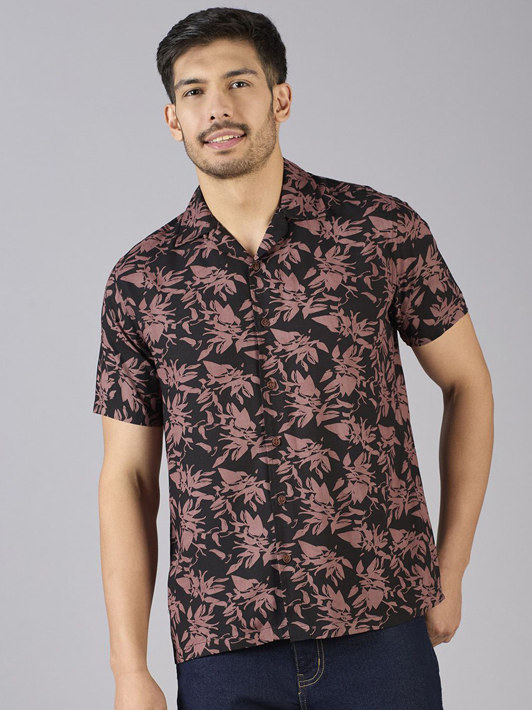 Mast & Harbour Lego Heavy Maroon & Black Floral Printed Relaxed Fit Cotton Casual Shirt