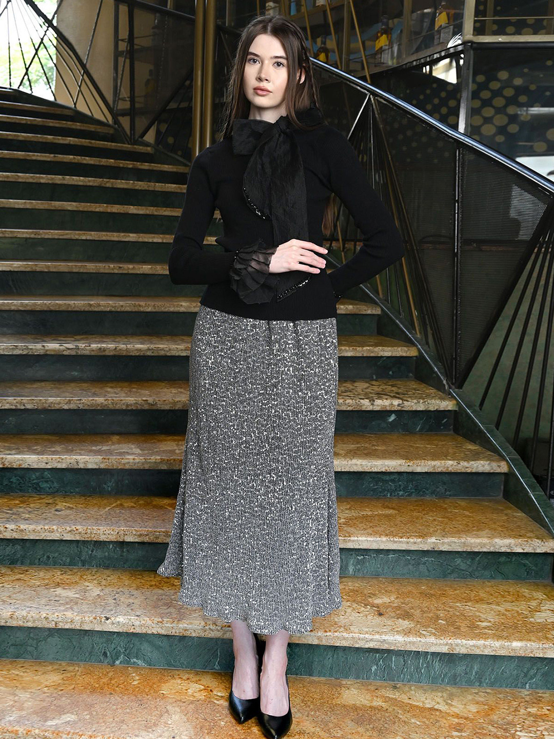 ODETTE Black Cotton Rib Solid Top For Women