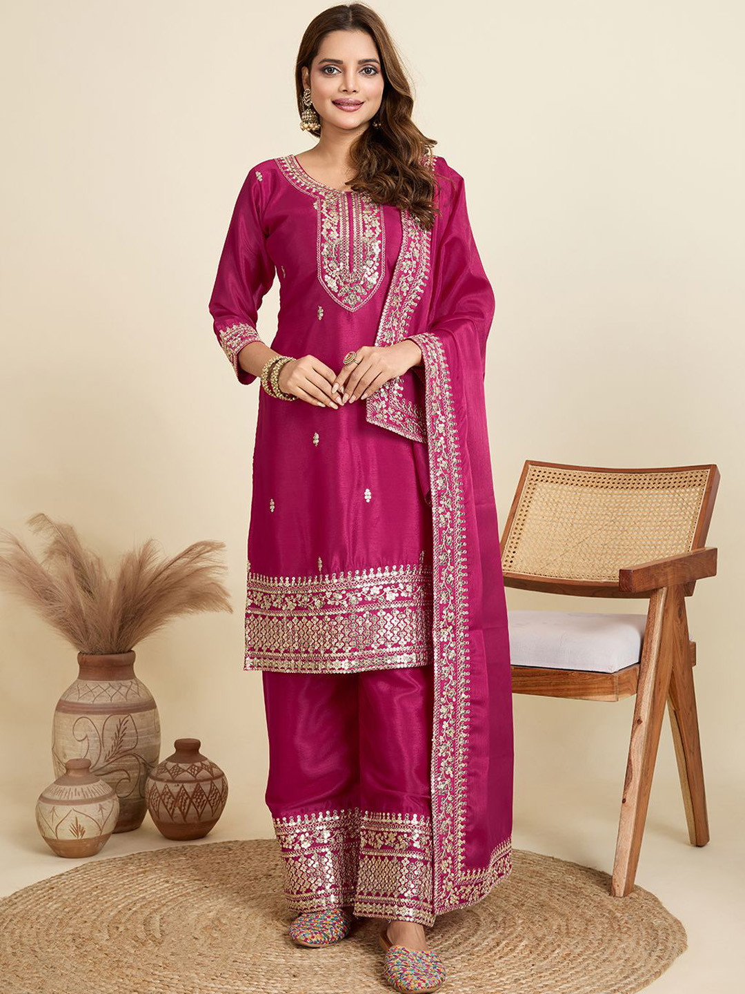 AKSHARAM Floral Embroidered Eound Neck Sequinned Straight Kurta With Trousers & Dupatta