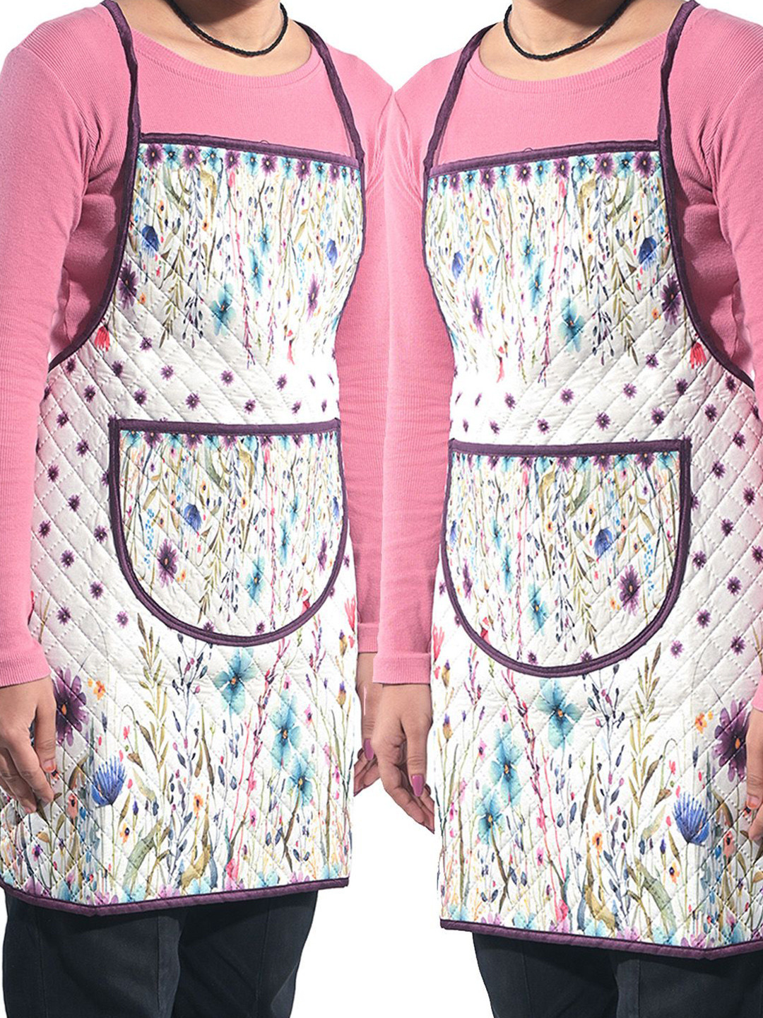 Kuber Industries 2-Pcs White & Purple Floral-Printed Velvet Quilted Chef Apron With Pocket