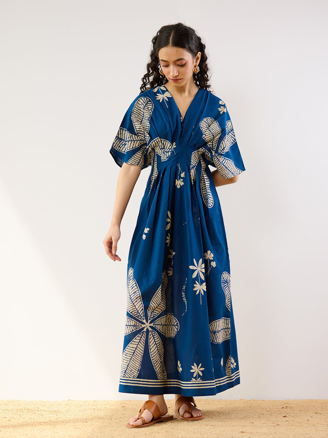 Rustorange Periwinkle Printed Cotton Pleated Maxi Dress