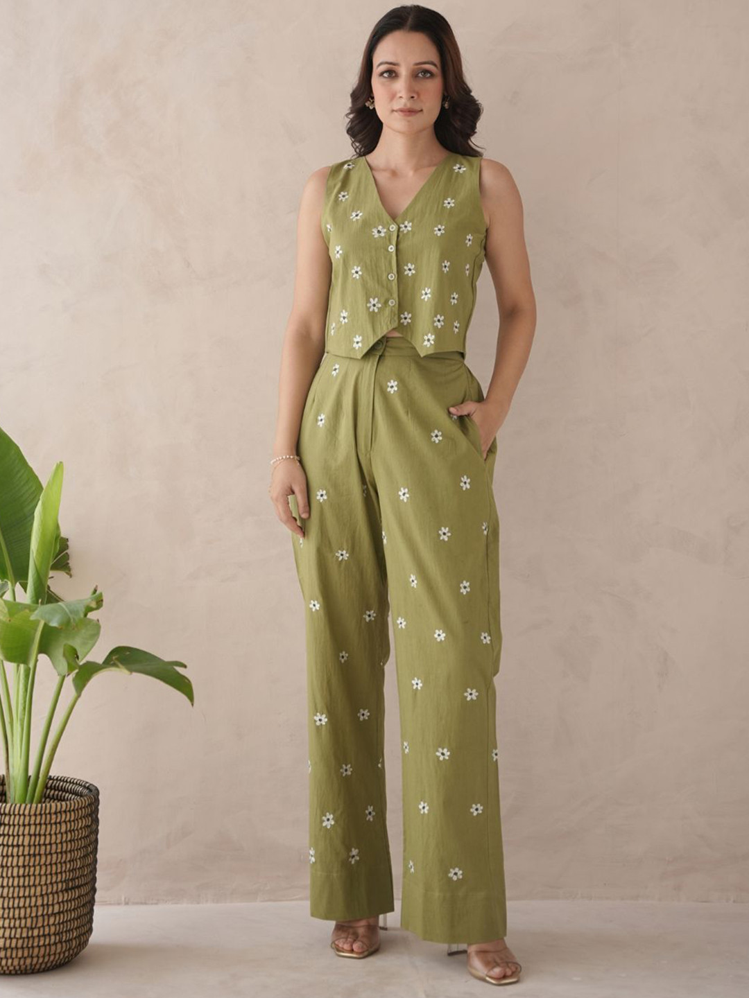 OneWe Gulshan Embroidered Pure Cotton Waistcoat With Trousers Co-Ords