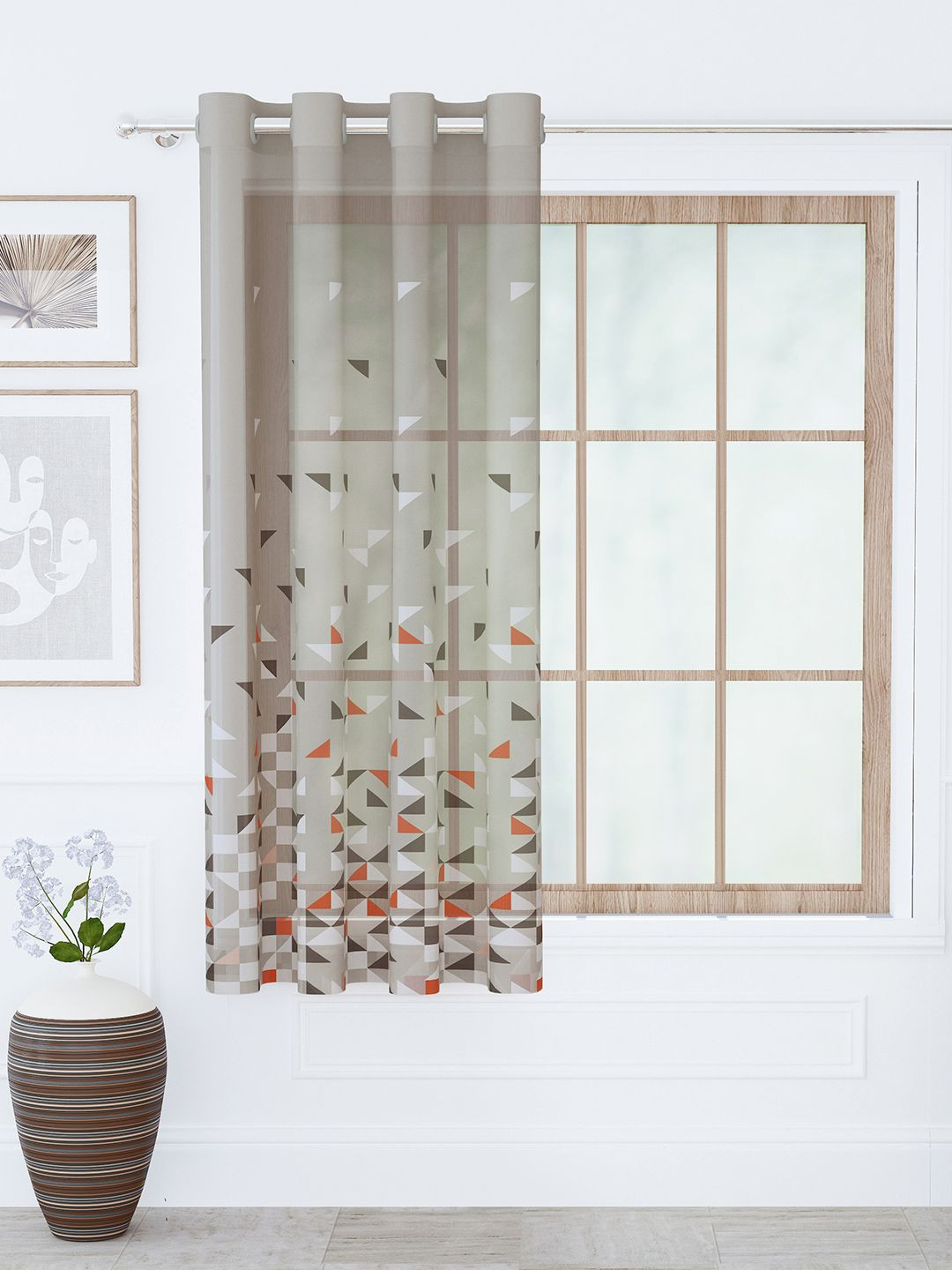 Story@home Aurum Orange & Grey Geometric Sheer Window Curtain