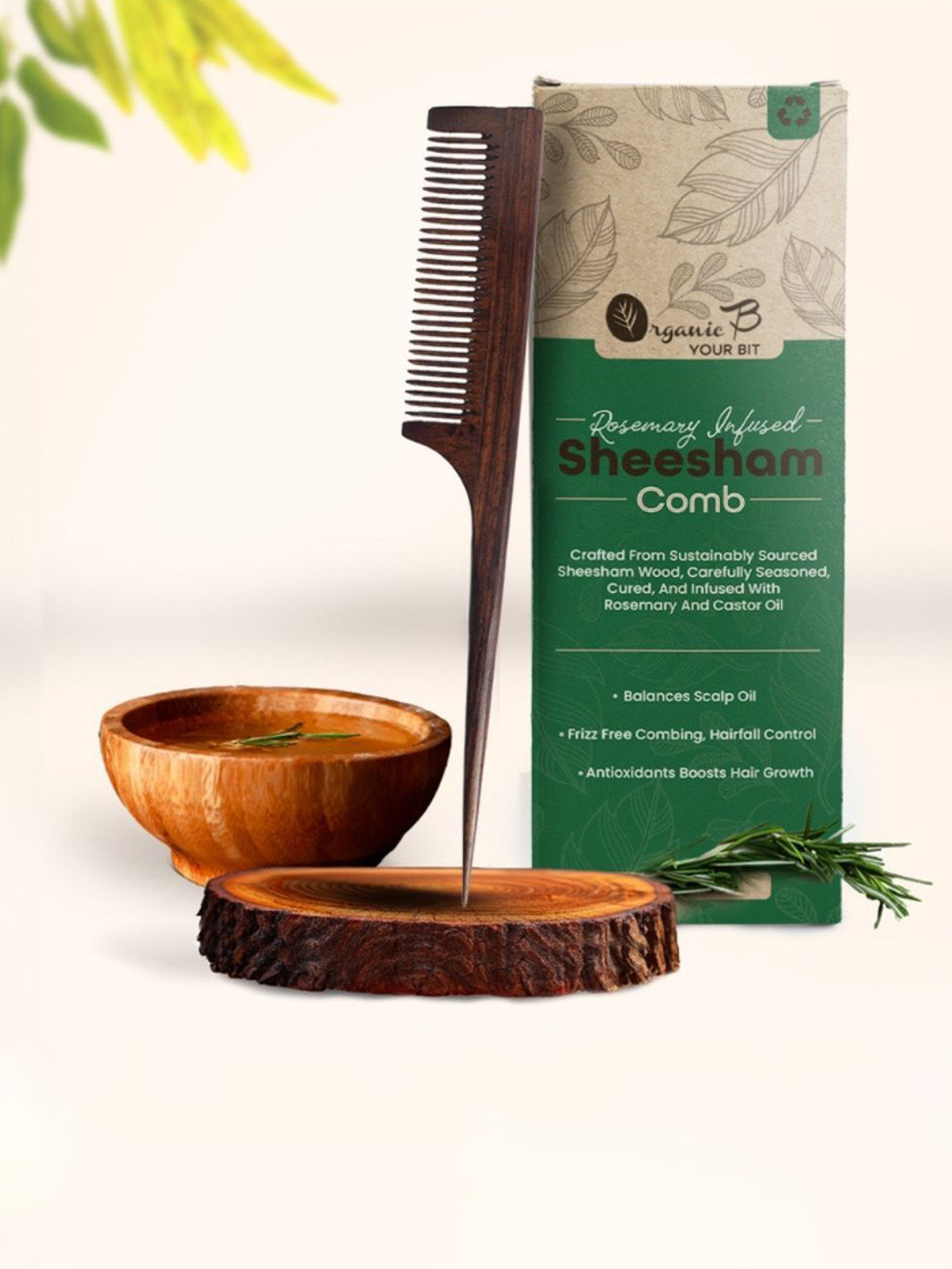 Organic B Indian Rosewood Tail Comb Infused With Rosemary - Brown