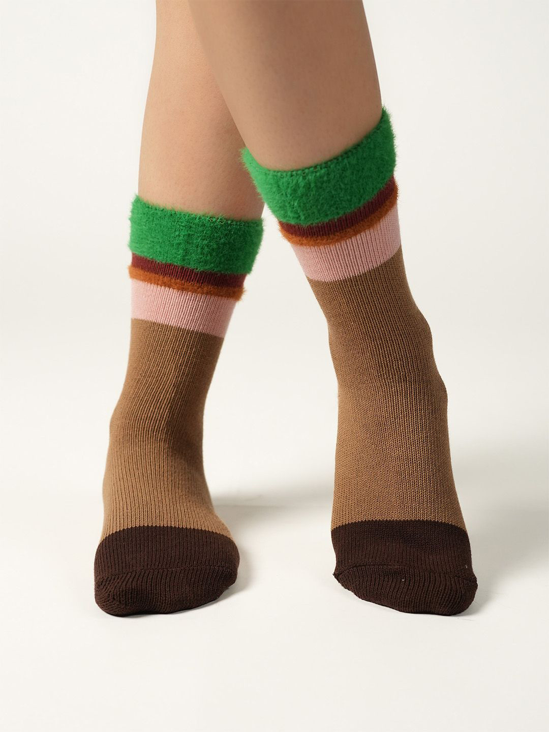 Theater Women Brown Striped Calf-Length Socks
