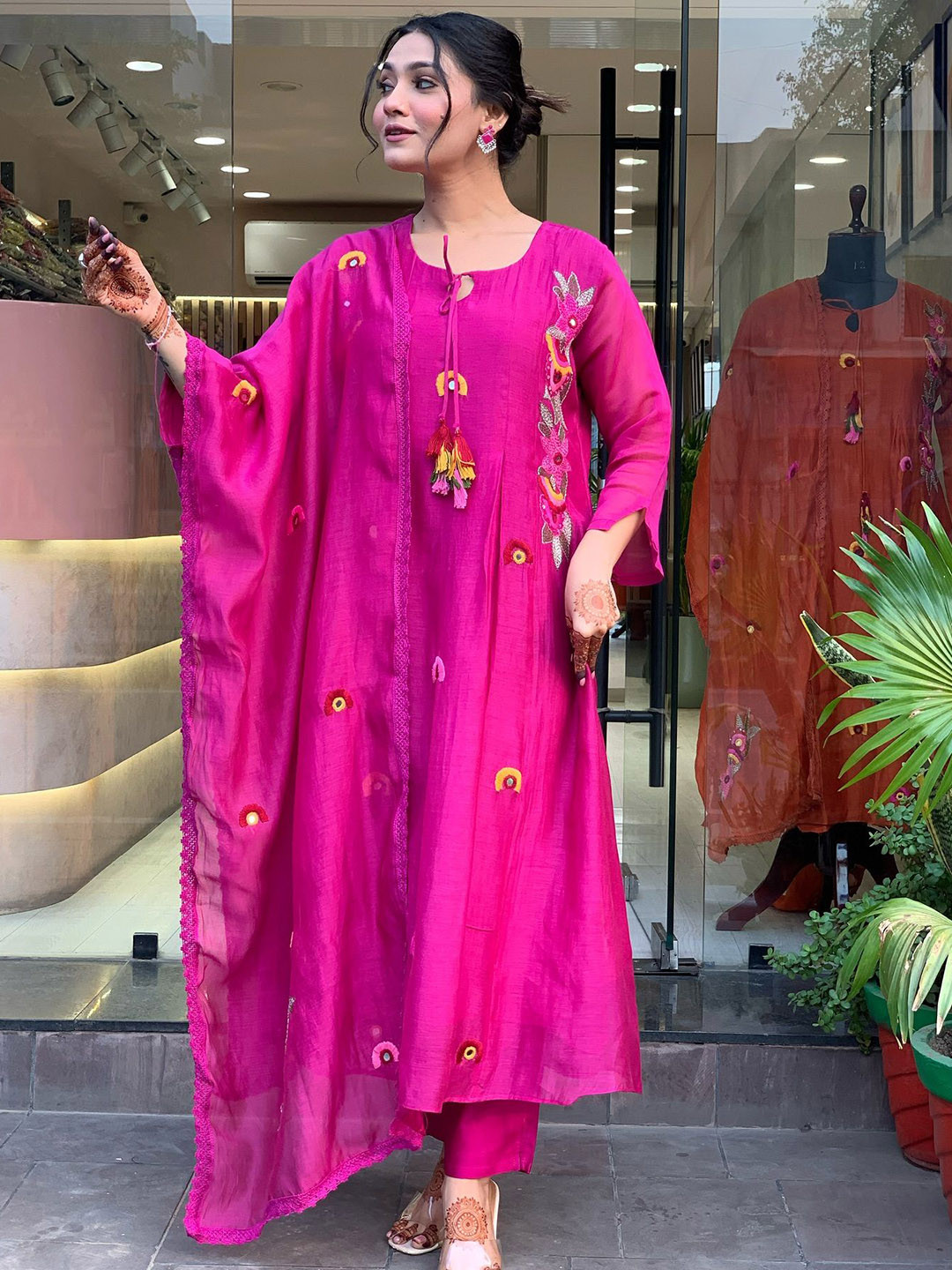 Kietties Floral Embroidered Mirror Work Chanderi Silk Kurta with Palazzos & Dupatta