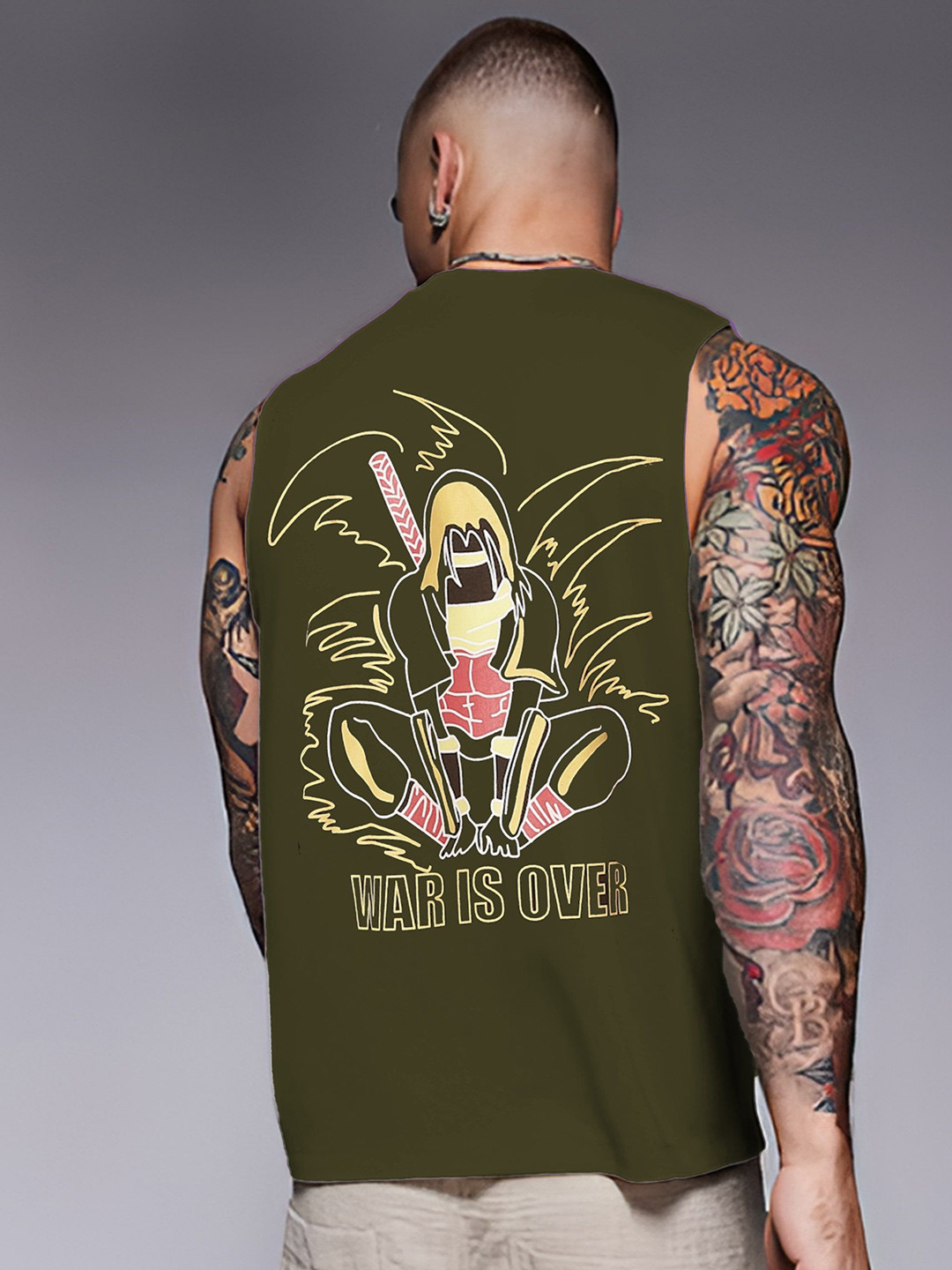 Rigo Men Army Green Terry Oversized Printed Vest T-shirts