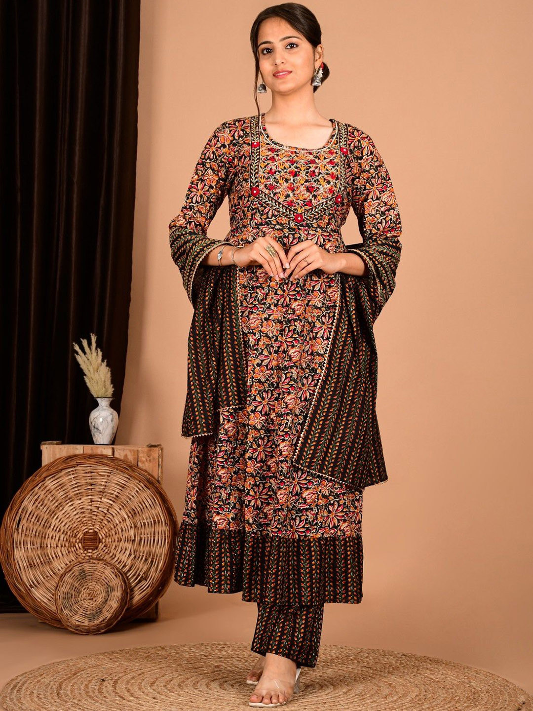Toflei Floral Printed Thread Work Pure Cotton Anarkali Kurta With Trousers & Dupatta