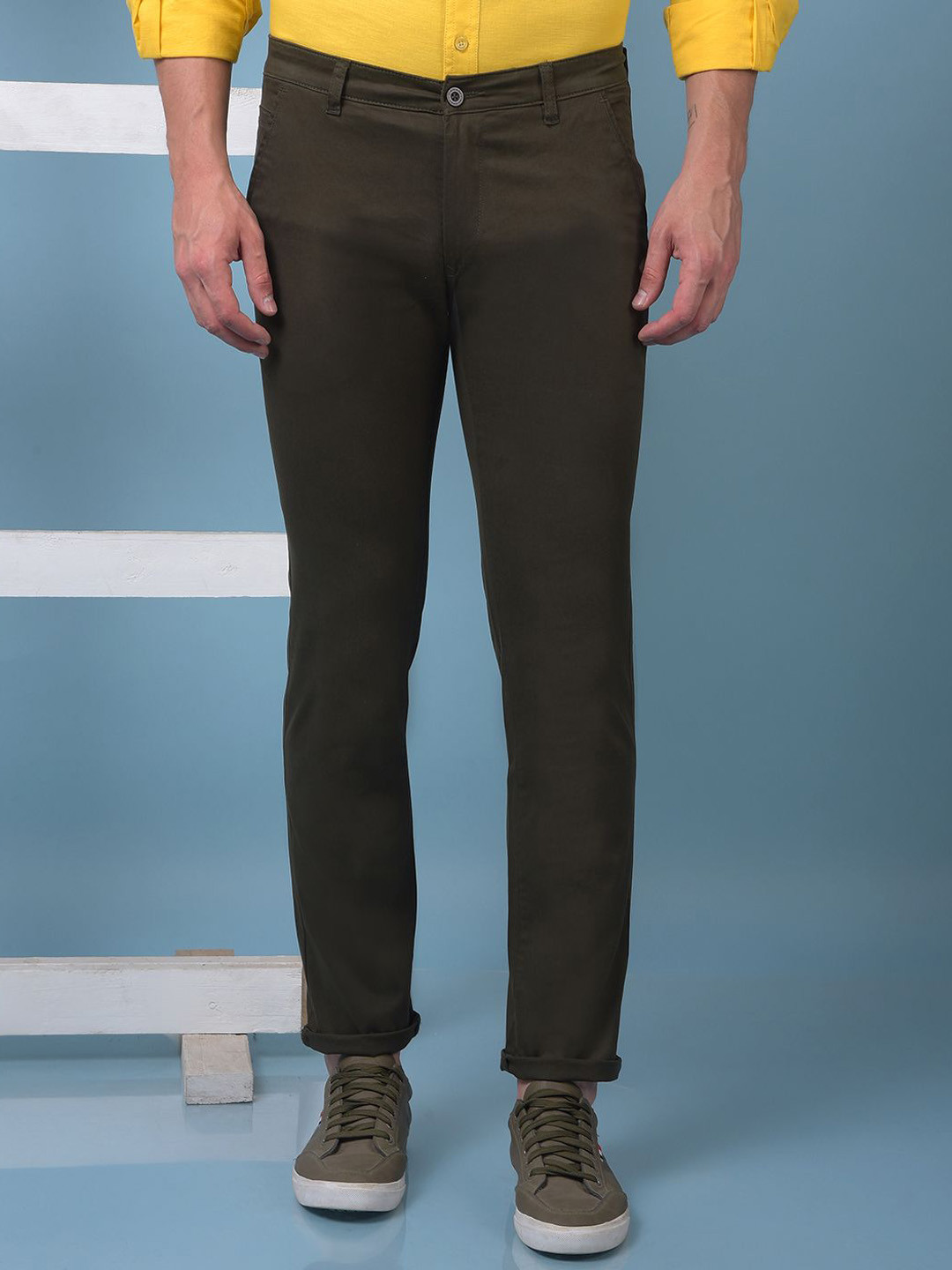 Canary London Men Smart Slim Fit Mid-Rise Flat-Front Cotton Chinos Trousers