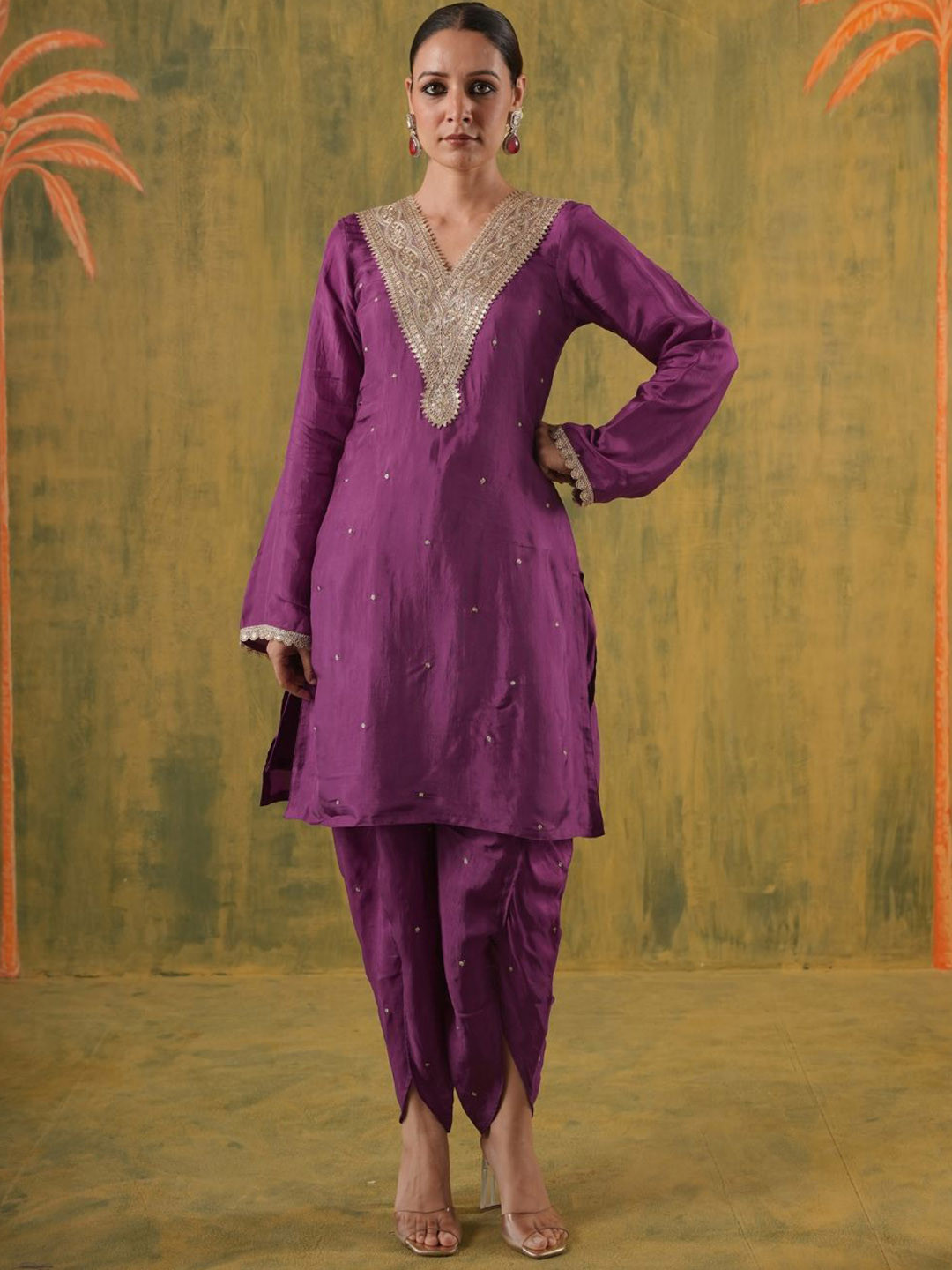 OneWe Rani Lavanya Women Floral Embroidered Regular Pure Silk Fusion Kurta with Dhoti Pants