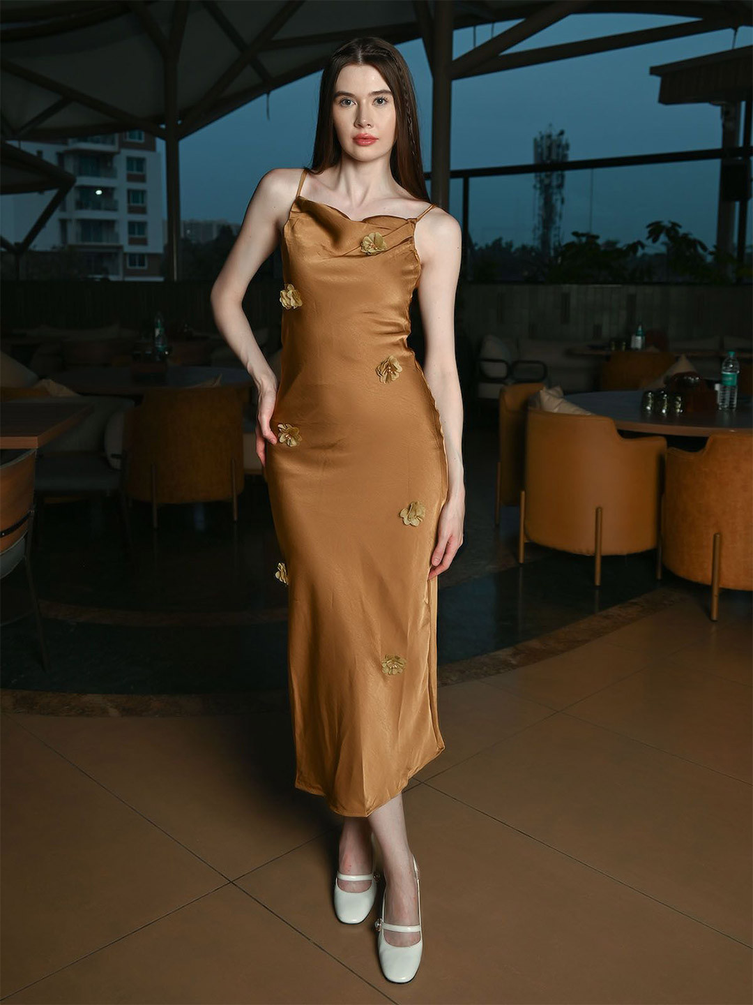 ODETTE Gold Satin Solid Dress For Women