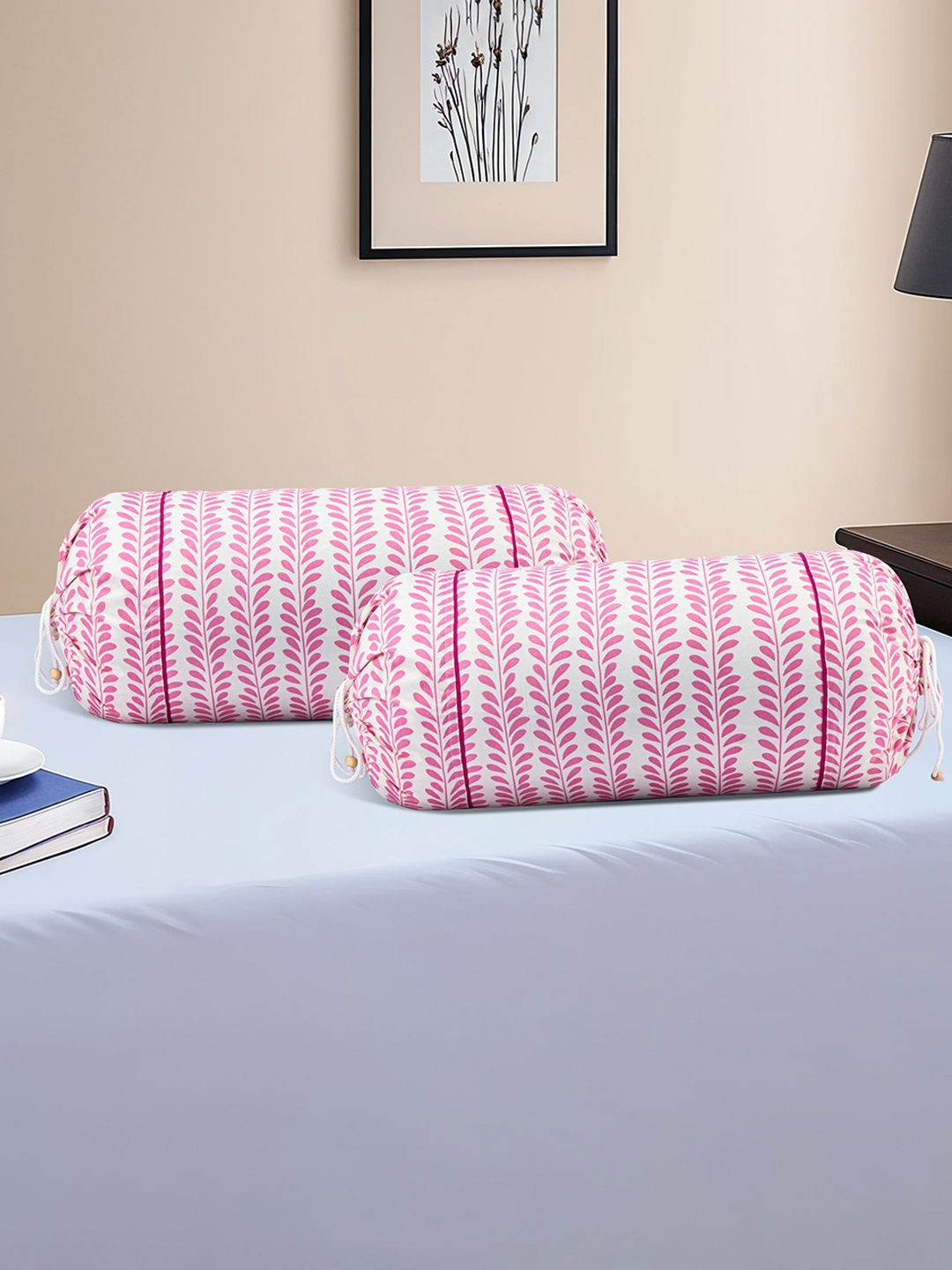 Kuber Industries 2Pcs Pink & White Leaf-Printed Cotton Bolster Covers With Drawstrings