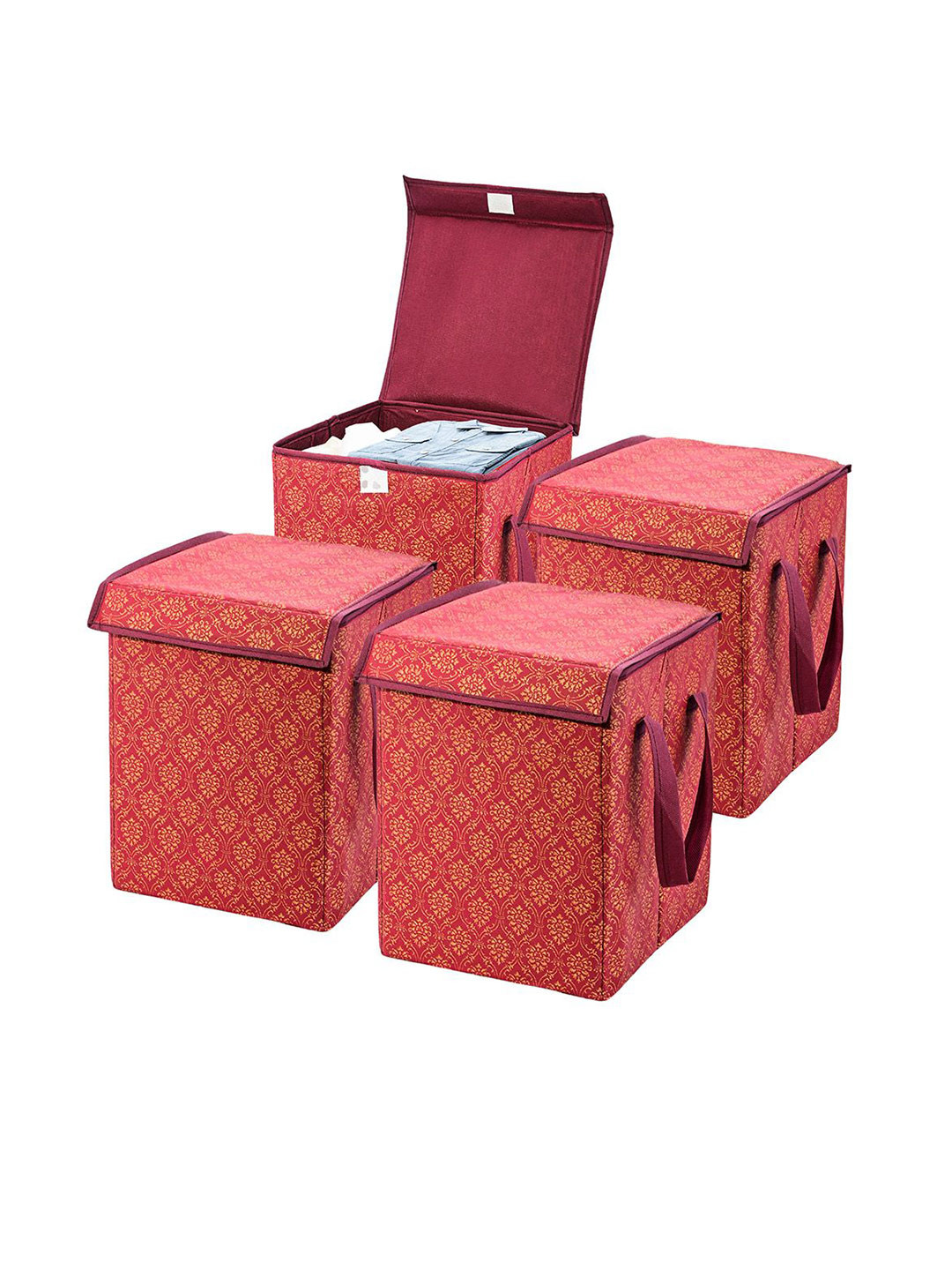 Kuber Industries 4 Pieces Maroon & Yellow Foldable Clothes Storage Box Organisers 40L